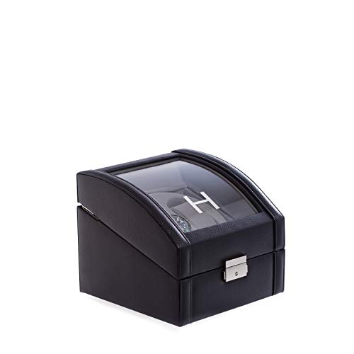 Bey-Berk Custom Personalized Black Genuine Leather Double Watch Winder With Glass Display Top And Locking Clasp #TOP4