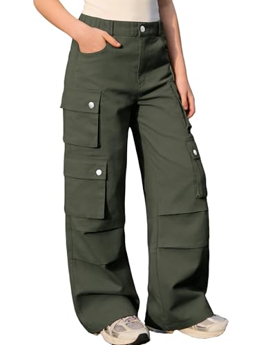 Image of SANGTREE Girls Wide Leg Cargo Pants Multi Pocket,6-14 Years | Cotton High Waist Baggy Trousers with Pockets Teen Y2K Streetwear School Pants| Back-to-school,Outdoor Play