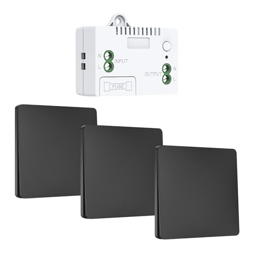 Set di interruttori della luce radio da 230 V, senza batteria, interruttore radio cinetico, senza fili, 230 V, impermeabile, con telecomando per lampada, giardino e casa (3 interruttori, nero)
