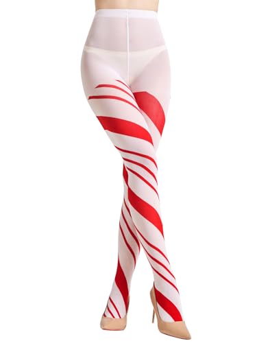 Aaronano Weihnachten Strumpfhosen für Damen mit Muster Rote Weiße Grün Gestreifte Strumpfhose Blickdichte für Party
