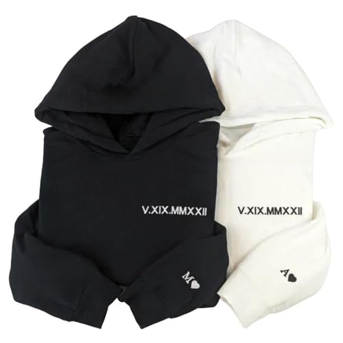 Personalized Embroidered Roman Numeral Hoodie With Date And Initial,Custom Couple Sweatshirt, Unisex White