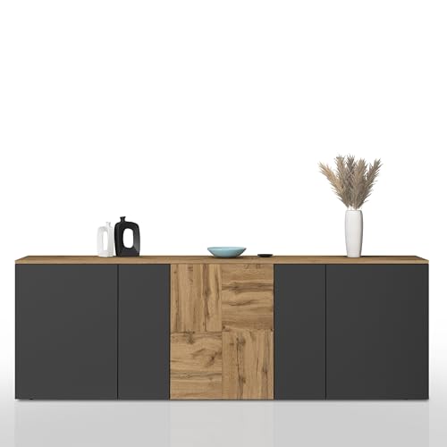 WHOUS Buffet ISEO pour Salon avec 5 Portes, bahut pour Cuisine et Salle à Manger de 200 x 35 x 70, Bicolore Anthracite Opaque et Chêne
