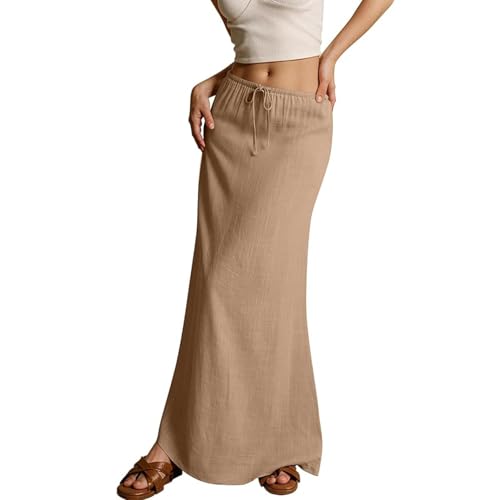 Women Linen Maxi Skirts Comfy Drawstring Waist A Line Skirts Cute Vacation Boho Long Flowy Skirts