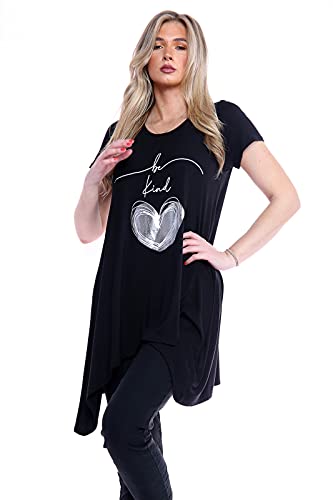 Purple Hanger New Womens Plus Size Uneven Hanky Hem Short Sleeve T-Shirt Top Ladies Floral Rose Print Jersey Tunic (26-28, Black)