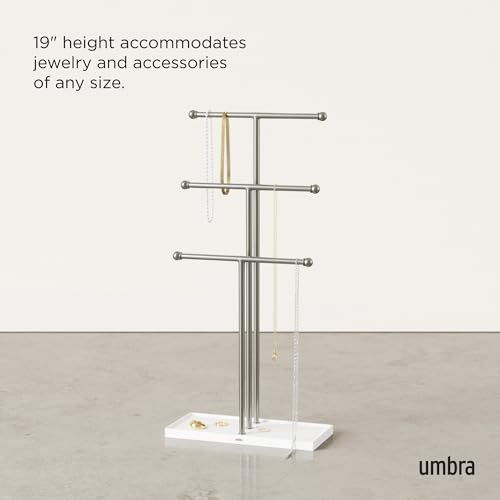 Umbra Trigem Hanging Jewelry Organizer Tiered Tabletop Free Standing Necklace Holder Display, White/Nickel