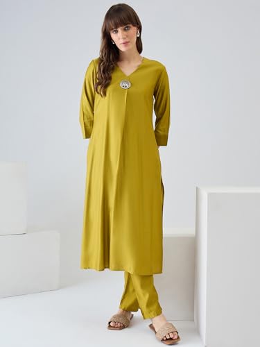 Image of INDO ERA Women's Viscose Solid A-Line Calf Length Kurta & Pant Set (IESTR12352)