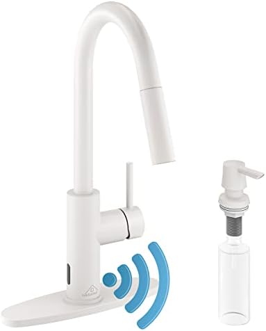 CASAINC Kitchen Faucet with Pull Down Sprayer Matte White with LED Function, 1.8 gpm 16.89in H Touchless Single Handle Kitchen Sink Faucet, Lead-Free Copper for Bar Laundry Kitchen Sink