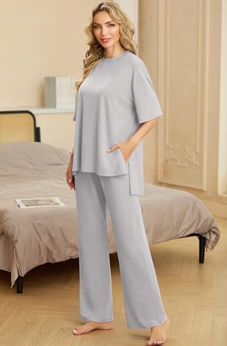 Image of PrinStory Womens Pajamas Sets 2 Piece Lounge Set Short Sleeve Tops and Long Pants Soft Pjs Loungewear with Pockets