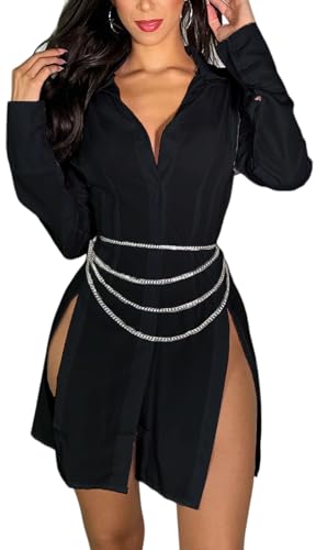 Image of Shirt Dress for Women Sexy Button Down Date Night Dresses Ruched Slit Stand Collar Long Sleeve Blouses