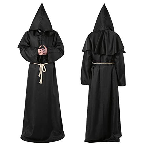 Wishstar Abito da Monaco, XL Sacerdote Accappatoio Frate, Sacerdote Hooded Robe, Nero Abito Talare Costume, Mantello con Cappuccio, Medieval Accappatoio per Halloween Carnevale Feste mascherate