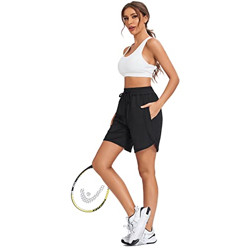 Free Duck Women's 7" Running Shorts Quick Dry Summer Drawstring Athletic Shorts For Women With Pockets Workout Hiking Travel Golf Active (X-Large, Black) #TOP5