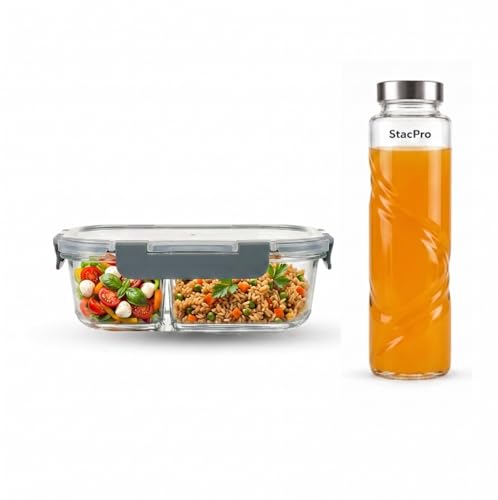 Image of Glass Lunch Box with 2 Compartments | Leakproof Borosilicate Glass Lunch Container with Airtight Lid | BPA Free Tiffin Box for Office, School & Travel (1x980ml + 1xHurricane Glass Bottle)