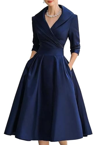SHINFY Women Casual Wrap Dress Lapel V-Neck Satin A Line