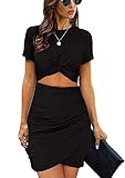 Soinku Women's Summer Casual Ruched Bodycon Dresses Twist Knot Cutout Bodycon T Shirt Short Mini Dress (S, Black)