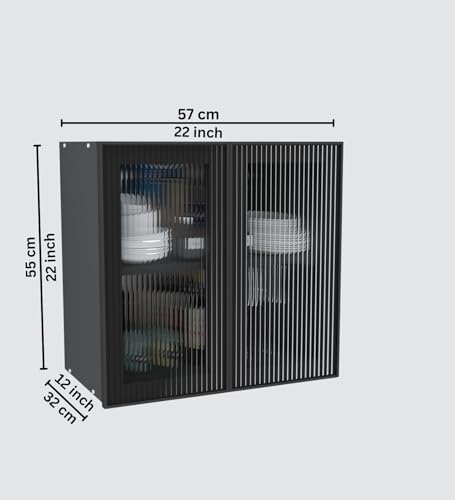 Image of SPECIALITY PANELS Aluminium Black Profile 2 Door Wall Cabinet | Fluted Glass Handless Shutters | Wall Mounted Kitchen Storage Cupboard | Space Saving Multipurpose Storage Unit | DIY Assembly