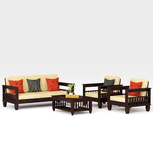Image of Solid Sheesham Teak Wood Wooden Sofa Set 5 Seater Home Furniture Living Room | (Wooden Sofa Set 3+1+1) |Teak Wood Furniture | Sofa Set 5 Seater | Without Pillow | Cream Cushions