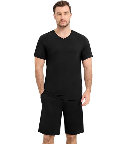 Image of NACHILA Men's Pajamas-Viscose Made from Bamboo, Short Sleeve Top with Shorts Pjs Set V Neck Sleepwear Cool Loungewear