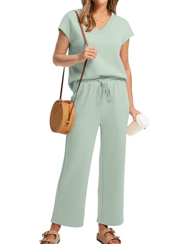 Image of Saloogoe Two Piece Sets for Women Summer Outfits Lounge Sets V Neck Tops Wide Leg Pants Woman Vacation Travel Outfits