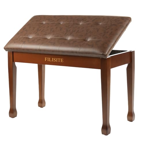 FILISITE Duet Piano Bench with Storage, Wooden Piano Stool with Waterproof Padded Cushion, Bench Seat for Vanity, Living Room, Bedroom (Wood)