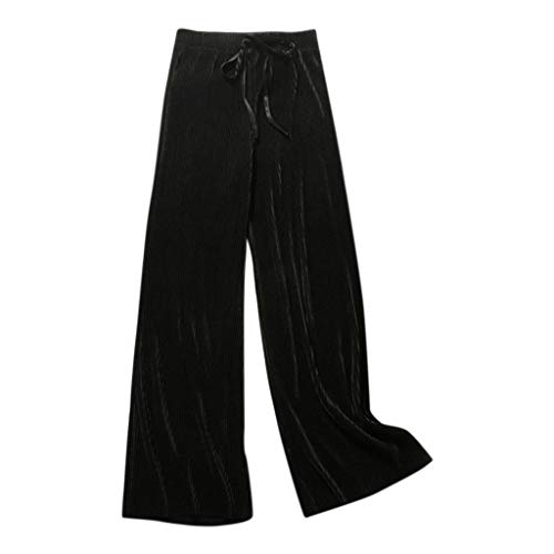 Velvet Pleated Palazzo Pants for Women, High Waisted Casual Pleated Wide Leg Drawstring Elastic Waist Maxi Palazzo Pants Black