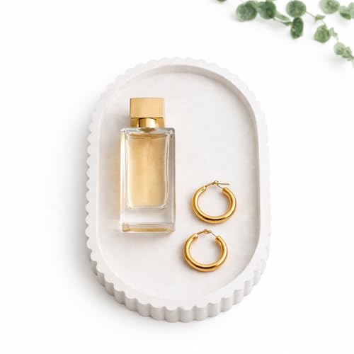 Image of Bathroom Tray for Counter | White Concrete Vanity & Trinket Tray for Jewelry, Perfume & Toiletries Organizer | Oval Decorative Tray for Dresser, Bathroom & Table Decor (White, 20 cm) (Stripe Oval)