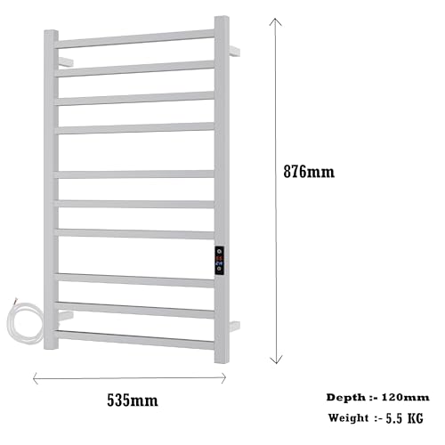 SATOH-Towel-Warmer-for-Bathroom-Heated-Towel-Rack-Wall-Mounted-Electric-Drying-Rail-with-Plug-in-Installation-Timer-Stainless-Steel-Hot-Towel-Warmer-88cm-x-53cm-Polished-Chrome