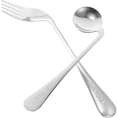 jojofuny Ergonomic Angled Feeding Fork Spoon Stainless Steel Non-Slip Right Hand Curve for Patients