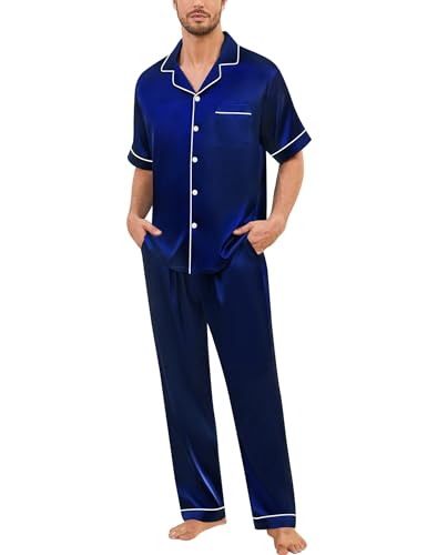 Image of SWOMOG Mens Silk Pajamas Set Satin Pj Set Short Sleeve Sleepwear Button Down Lounge Set with Drawstring & Pockets S-3XL