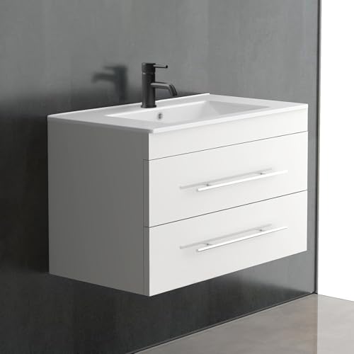 Alpenberger Waschtisch | Bad Waschbecken mit Unterschrank 70 cm Breit | Badmöbel Gäste WC Möbel | Waschtischunterschrank Hängend | Waschbeckenunterschrank Weiß