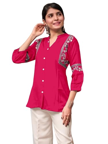 Image of Women's Viscose Rayon Embroidered A-Line Short Kurti Above Knee Regular Fit Tunic Top Office Wear Casual short kurti for women | office wear top | A-line kurti | raksha bandhan gift dress for women