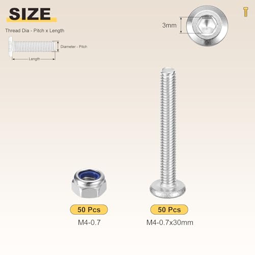 Image of METALLIXITY Crib Screws Replacement Set(M4-0.7x30) 100Pcs, Silver Tone, 304 Stainless Steel Hex Socket Screws with Lock Nuts - for Furniture Woodworking Project, Silver Tone