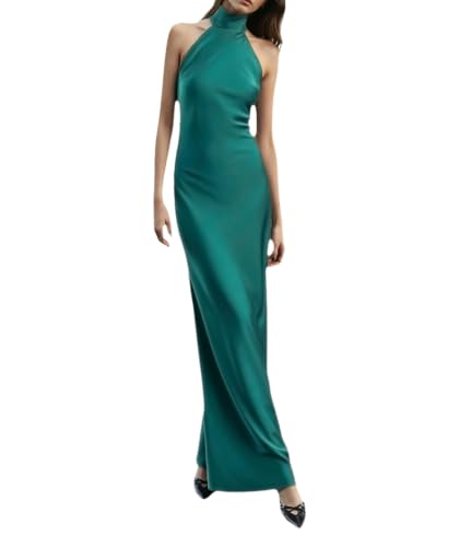 Women Satin Halter Dress,High Neck Backless Formal Wedding Guest Maxi Dress