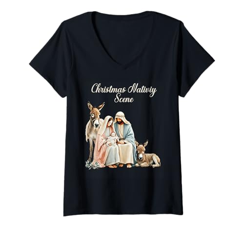 Mujer Colorido Belén de Navidad Nacimiento de Cristo Camiseta Cuello V