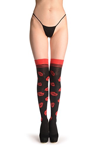 Medias y leggins Red Lips On Black - Over The Knee Socks - Negro Calcetines hasta la rodilla...