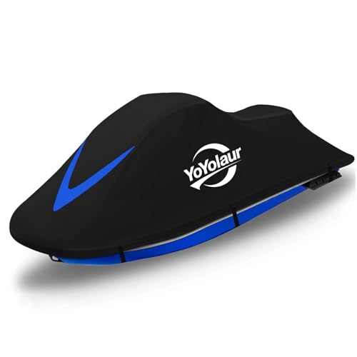 YoYolaur Waterproof Jet Ski Cover 2-3 Seater - Compatible with Yamaha Sea-Doo Kawasaki 300D Trailerable PWC Cover Marine Grade UV Protection Fit for 2-3 Seater Lengths 115 to 120Blue