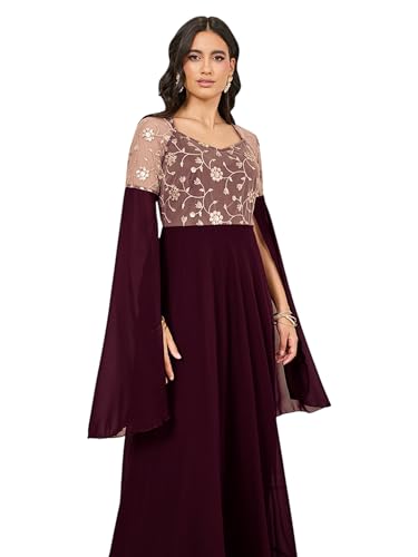 Image of Miss Chase Women's V-Neck Full Sleeve Self Design Lace-Overlaid Georgette Maxi Dress