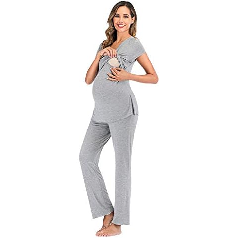 rismart Conjunto de Pijama de Maternidad Camisetas de Manga Corta y Pantalones Largos Premamá Lactancia Camison Cover