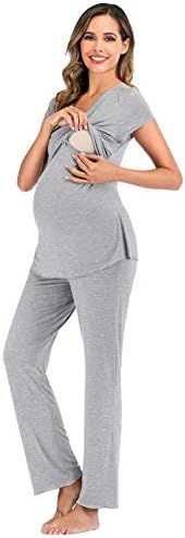 rismart Vrouwen Zwangerschaps en verpleging Pyjama Set korte mouw zwanger ziekenhuis nachtkleding t-shirt Top met broek - grijs - XXL