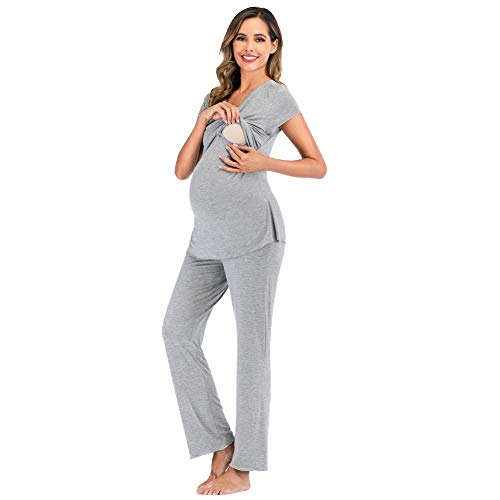 rismart Conjunto de Pijama de Maternidad Camisetas de Manga Corta y Pantalones Largos Premamá Lactancia Camison(Gris Claro,S) Cover