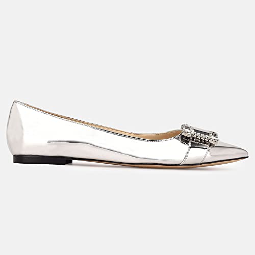 Juliet Holy Womens Flats Pointed Toe Slip On Rhinestone Buckle Wedding Office Dress Loafers Silver #TOP4