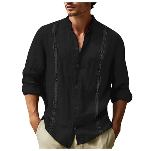 Camisas Hombre Hawaiana Camisas Lino Hombre Cuello Mao Camisa Hombre Manga Larga Slim Fit Camisas Hombre Estampadas Africana 0E-Negro,XL