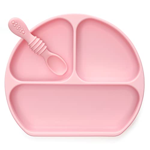 Image of PrimaStella Unbreakable Silicone Non-Slip Baby & Toddler Plate and Spoon Feeding Set - Pink