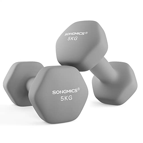 SONGMICS Juego de 2 Mancuernas, 2 x 5 kg, Mancuernas Hexagonales con Superficie de Vinilo, para Fitness, Ejercicio, Entrenamiento, para Gimnasia en Casa, Gris Paloma SYL910G01