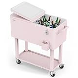 VINGLI 80 Quart Rolling Ice Chest, Portable Patio Party Bar Drink Cooler Cart, with Shelf, Beverage Pool with Bottle Opener (Pink)