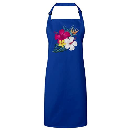 Tablier de cuisine bleu hibiscus au motif fleurs tropicales exotiques jungle