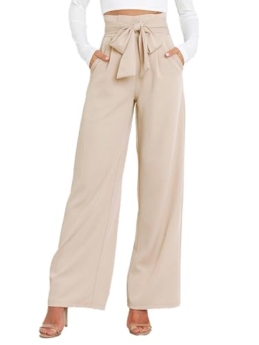 IFFEI Women's Wide Leg Pants with Pockets Business Casual Trousers High Waist with Adjustable Belt