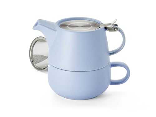 teemando® Tea-for-one Set Saara, blau Keramik, 4-teilig mit Edelstahlsieb- und -deckel Kanne 0,45 l, Tasse 0,3 l Kanne: H 10 cm, Ø 6,7 cm Tasse: H 6 cm, Ø 10 cm