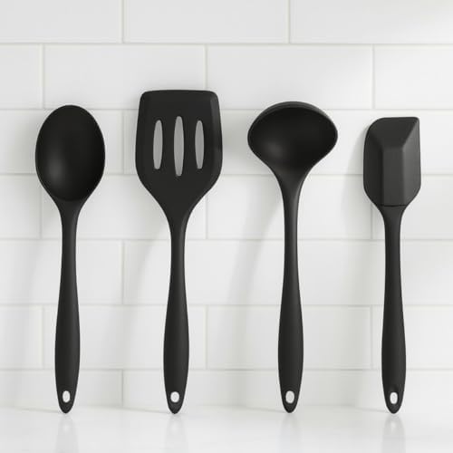 Kit de Utensílios de Cozinha em Silicone 4 Peças Preto Colher Con...
