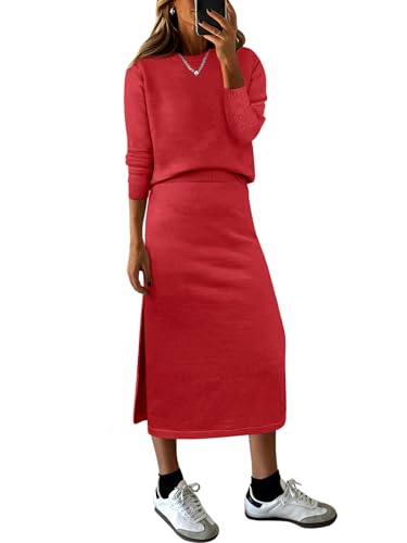 ANRABESS 2 Piece Skirts Sets For Women Fall Fashion 2025 Striped Sweater Midi Dress Knit Lounge Travel Outfits Winter Clothes Red Medium