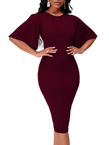 Image of WanMem Womens Basic Bodycon Ruffle Flared Short Sleeve Pencil Midi Dress